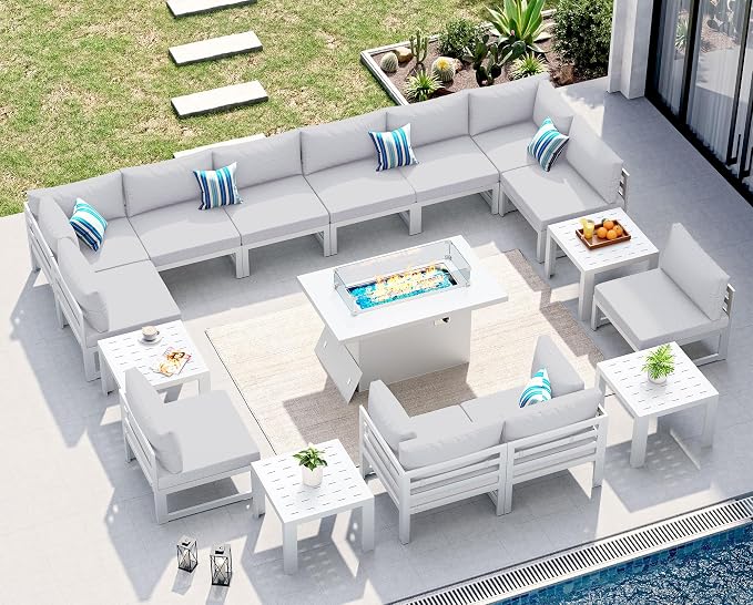 NICESOUL 17 Piece Extra Large Aluminum Outdoor Patio Furniture Set with Fire Pit Table & End Table, L Shaped Modern Sectional Couch, 29" Wide Deep Seating Conversation Sofa for Terrace, Light Gray