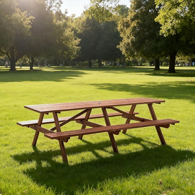 94.5'' Large Outdoor Dining Table, Rectangular Wooden Patio Dining Table & 2 Built-in Bench for 12, 2" Umbrella Hole, Suitable for Backyard Garden Porch, Brown