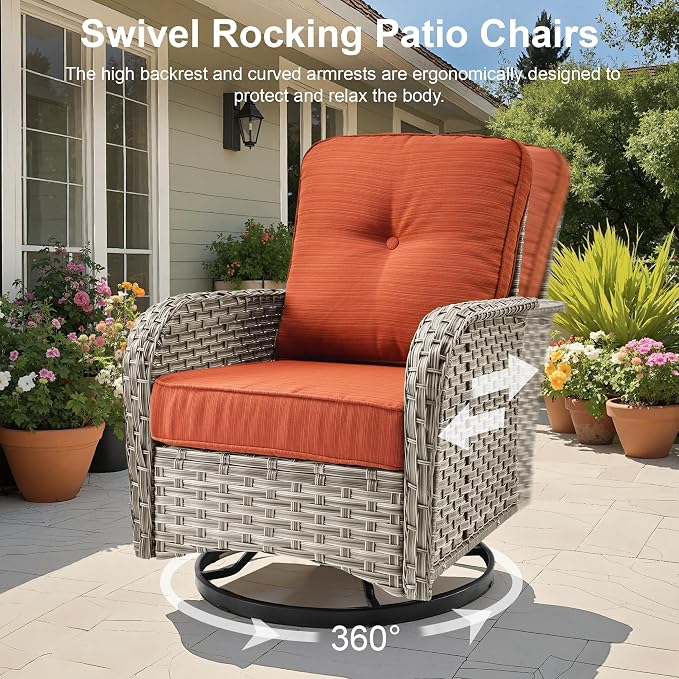 Outdoor Patio Furniture Sets,9 PCS Patio Conversation Set Outside Rattan Sectional Sofa with 42 in Square Fire Pit Table Wicker Rocking Chair Coffee Table Fit Backyard Garden Poolside Balcony