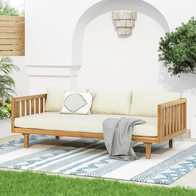 Christopher Knight Home Claremont Patio Sofa and Coffee Table Set, 2 Piece Outdoor Patio Furniture Set with Cushion, Acacia Wood 3 Seater Outdoor Sofa Daybed and Coffee Table Set, Teak+Beige