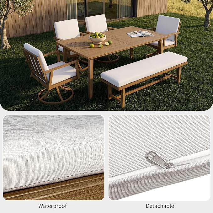 2-Person Outdoor Bench with Detachable Cushion, Rust-Free Aluminum Garden Bench, Indoor Outdoor Dining Bench with 550 lbs Weight Capacity for Backyard, Poolside, Porch, Teak