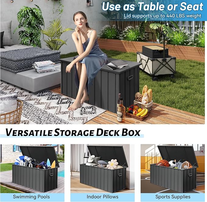 Outdoor Storage Box 100 Gallon, Metal Deck Box with Hydraulic Lid & Mobility Rollers,Lockable Waterproof Patio Storage with Oxford Fabric Bag for Cushions, Garden Tools,Pool Equipment,Dark Grey