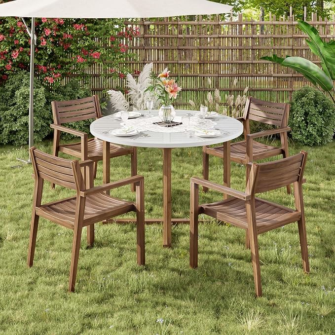 5 Pieces Outdoor Acacia Wood Dining Table Set with 47.2" L Slatted Round Table and 4 Chairs, Modern Patio Dinner Set with Cushions for Backyard, Lawn, Garden, Poolside or Indoor, Light Gray
