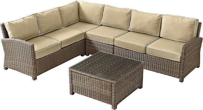 Crosley Furniture Bradenton 5-Piece Outdoor Sectional Sofa Wicker Conversation Patio Furniture Set for Deck, Brown with Sand Cushions
