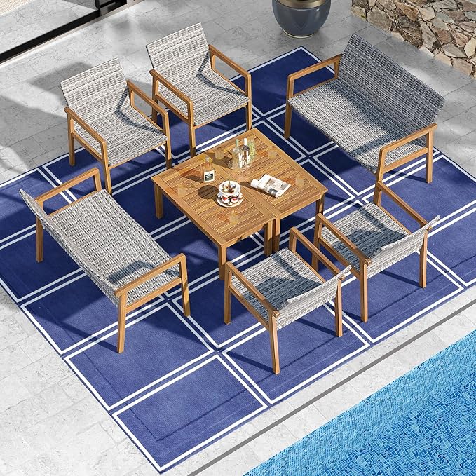 Tangkula 8 Pieces Outdoor Furniture Set, Acacia Wood Frame Sofa Set w/Rattan Seat & Back, Patio Conversation Set w/Coffee Table for Balcony, Poolside, Backyard