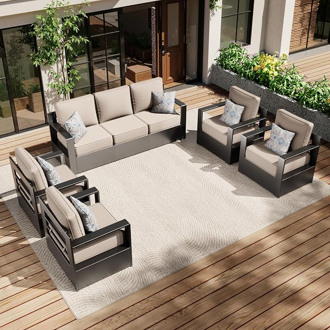 Aluminum Outdoor Conversation Furniture Set - All Weather Patio 79" Sofa with 4 Armchairs, 6" Water-Resistant Cushions & Furniture Covers & Metal Armrest for Deck Porch (Beige)