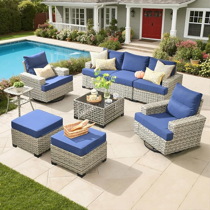 Rattan Patio Furniture Set with Swivel Chairs,9 Pieces Outdoor Sectional with Ottoman Glowing Coffee Table,Out Door Furniture Conversation Set,Navy Blue