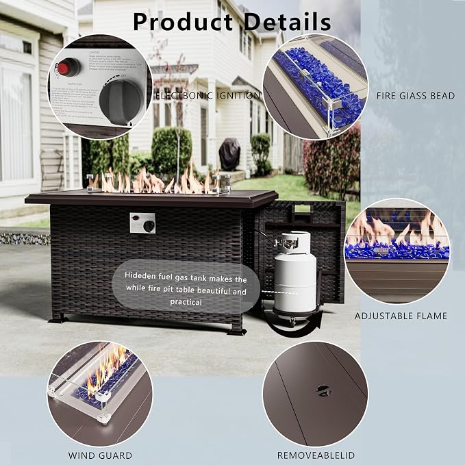 Outdoor Patio Furniture Set with Fire Pit Table, 15 Pieces Outdoor Furniture Set Patio Sectional Sofa w/43in Propane Fire Pit, PE Wicker Rattan Patio Conversation Sets - Brown