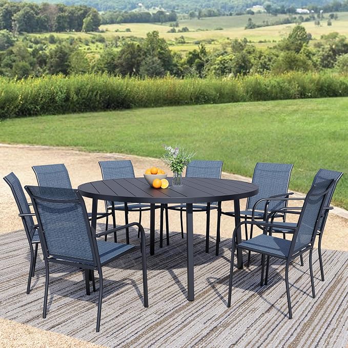 9-Piece Patio Furniture Set, Black Round Patio Table and Light Blue Chairs Set of 8, Outdoor Dining Set with Umbrella Hole for Garden, Yard, Patio