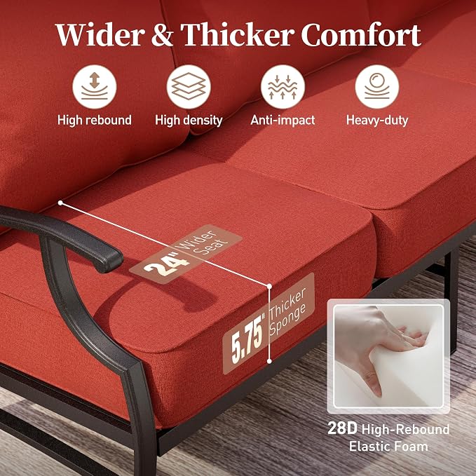 SUNSHINE VALLEY 5 Piece Metal Outdoor Patio Furniture Set with Fire Pit Table, Patio Conversation Sets 4 Swivel Chairs with 5.75" Thick Cushion and 5000 BTU Fire Pit Table, Backyard Furniture, Red