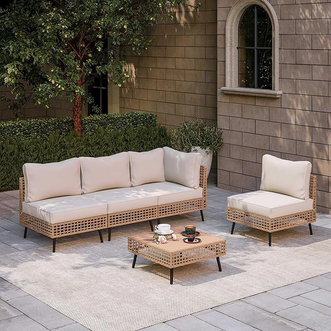 LAUSAINT HOME Outdoor 5 Pieces PE Wicker Patio Conversation Set, All-Weather Rattan Sectional Sofa with Thick Cushions & Coffee Table for Garden, Yard and Balcony (Beige)