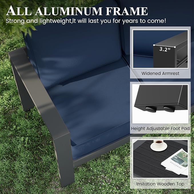 Aluminum Patio Furniture Set, 7 Piece Metal Outdoor Furniture Set, Patio Set with Waterproof Covers for Backyard Garden（Blue&Grey）