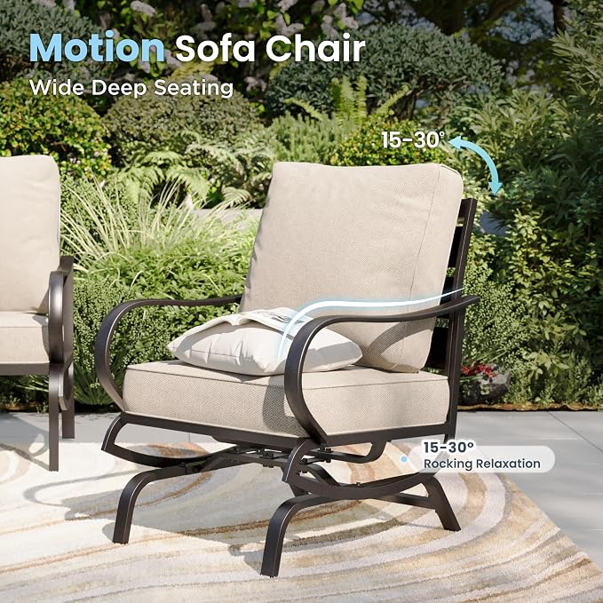 PHI VILLA 7 PCS Outdoor Patio Furniture Set with 2*C-Base Chairs, 1 * 3 Seater Padded Deep Seating Bench Sofa, 2*Padded Armrest Leg Chairs and 2*Metal Cushioned Ottoman for 7 Person