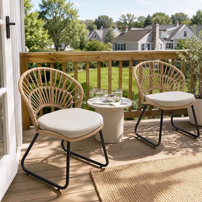 Boho Patio Dining Chairs Set of 4, Hand-Woven Rattan Outdoor Chair | Shell Shaped Back with 2.6” Beige Cushion, Sled Metal Frame Patio Side Chairs for Garden Backyard Porch