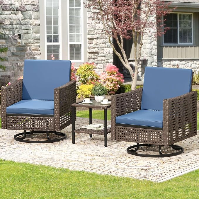 YITAHOME 3 Pieces Patio Set w/2.8" Thick Cushions, All Weather Swivel Patio Furniture Set w/Wicker Rocking Chairs & Rattan Side Table for Backyard Deck Poolside, Blue
