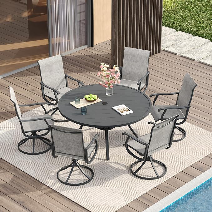 VICLLAX Patio Dining Set for 6, 7 Pieces Outdoor Furniture Includes 53" Round Patio Table with Umbrella Hole and 6 Outdoor Swivel Chairs for Lawn Garden, Grey Tabletop and Grey Fabric