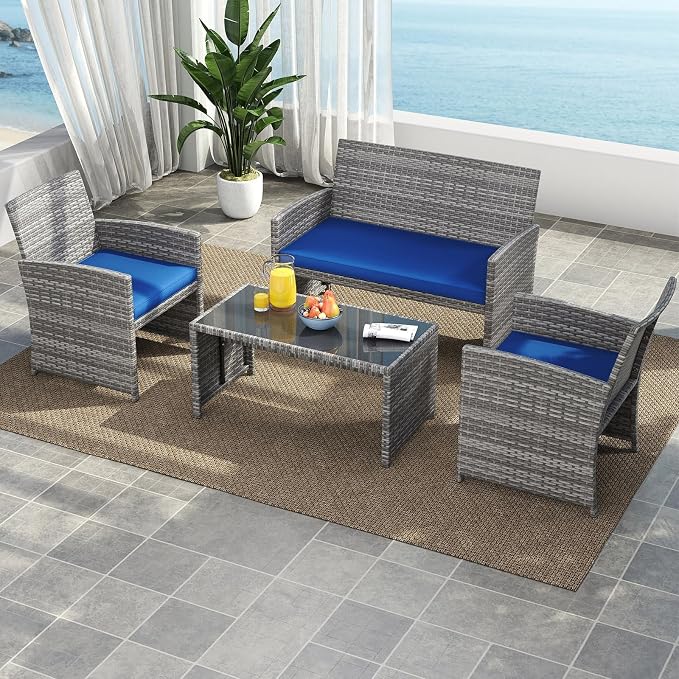 Tangkula 4 Piece Patio Wicker Furniture Set, Outdoor Heavy Duty Rattan Cushioned Chairs, Loveseat and Tempered Glass Coffee Table, for Backyard, Balcony, Poolside (Navy)