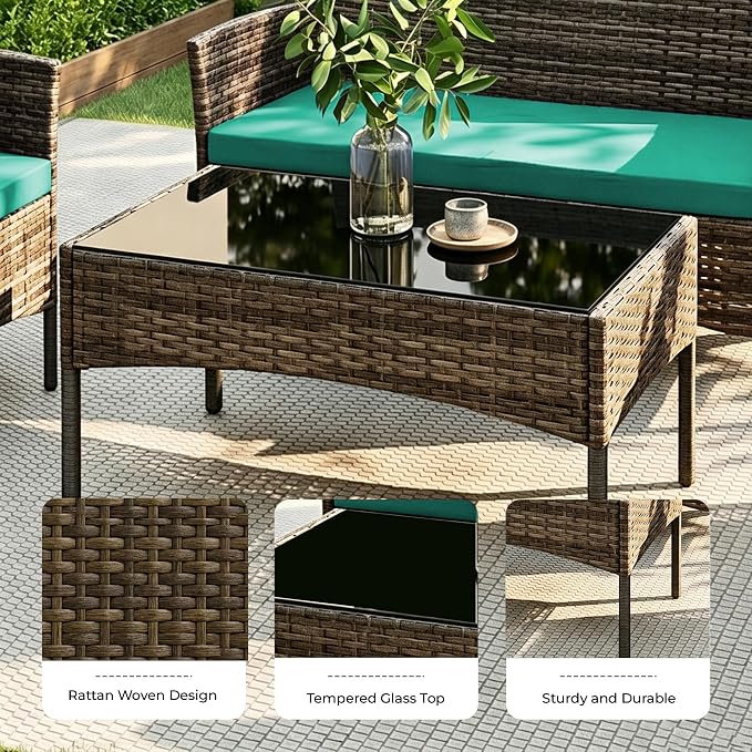 4 Pieces Outdoor Patio Furniture Set, Wicker Patio Conversation Set with Tea Table, All-Weather Outside Rattan Sectional Sofa for Backyard, Poolside, Garden, Balcony, Brown/Green