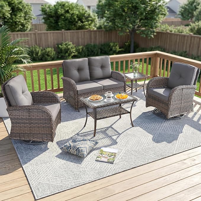 5 Piece Patio Furniture Set - Wicker Patio Conversation Set with Swivel Glider, Glider Loveseat, Tempered Glass Side Table and Coffee Table for Deck Backyard - Brown Wicker Grey Cushion