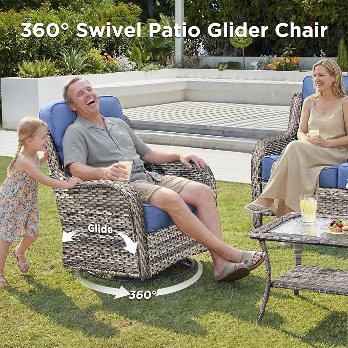 Luxury Outdoor Swivel Rocker Patio Chairs-4 Pieces High Back Swivel Rocker Patio Chairs with Thick Cushions All Weather Wicker Outdoor Furniture Set for Deck Porch Balcony(Grey/Blue)