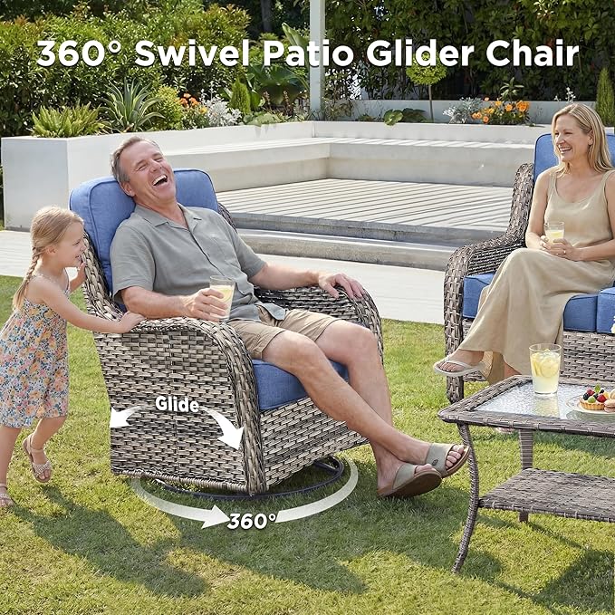 Luxury Patio Furniture Set with Fire Pit Table-10 Pieces All Weather Outdoor Swivel Rocker Chairs with Sofa and Ottomans. Outdoors Patio Conversation Sets for Porch Deck Garden Backyard(Grey/Blue)
