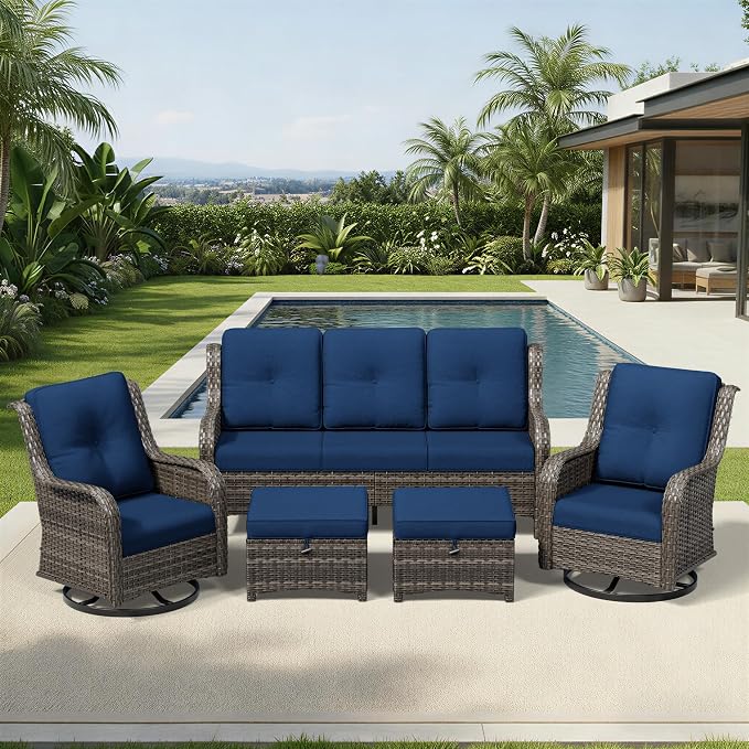 Joyside 5 Piece Wicker Patio Furniture Set, Outdoor Swivel Rocker Patio Chairs with High Back, Deep Seating, Wide Armrest, Thickened Cushions, Outdoor Furniture for Deck, Porch Use