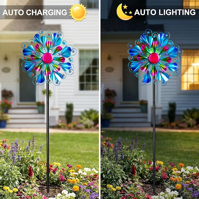 Solar Wind Spinner Outdoor Metal - Peacock Kinetic Garden Sculptures with Color-Changing LED Lights, Waterproof Wind Catchers Yard Art Decor for Patio Lawn, for Women