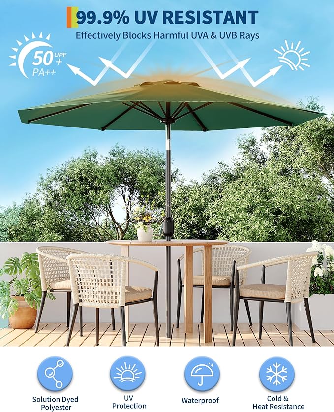 TROPOW 9FT Outdoor Patio Umbrella with 99.9% UV Protection Double-Layer Canopy, Strong Iron Frame, Crank Tilt & Detachable Pole for Easy Use, Perfect for Garden, Deck, Pool, Backyard & Patio Table,