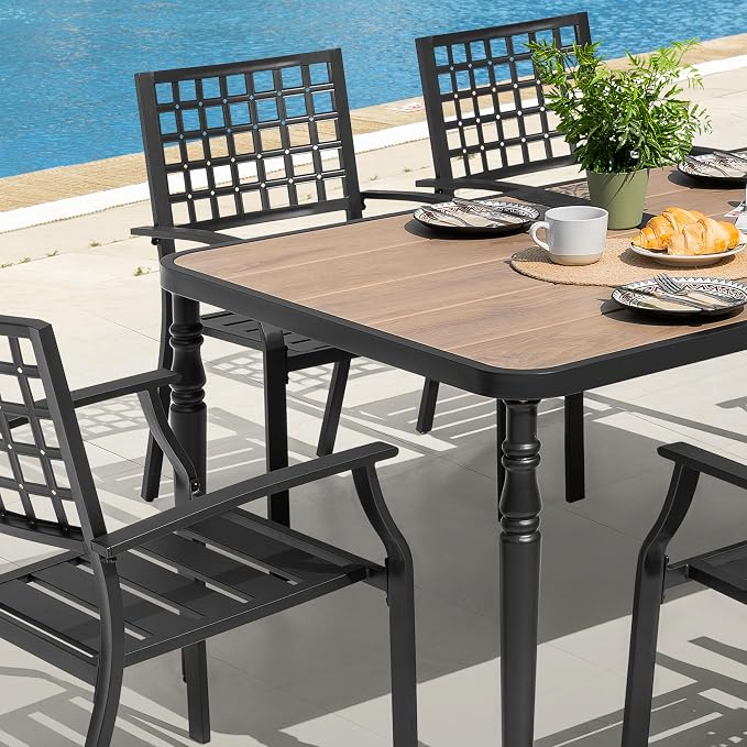 NUU GARDEN 7-Piece Outdoor Dining Chair and Table Set, 6 Stackable Metal Dining Chairs, 61" x 37" Rectangle Metal Dining Table with 1.6" Umbrella Hole, for Backyard, Deck, Yard, Garden, Black