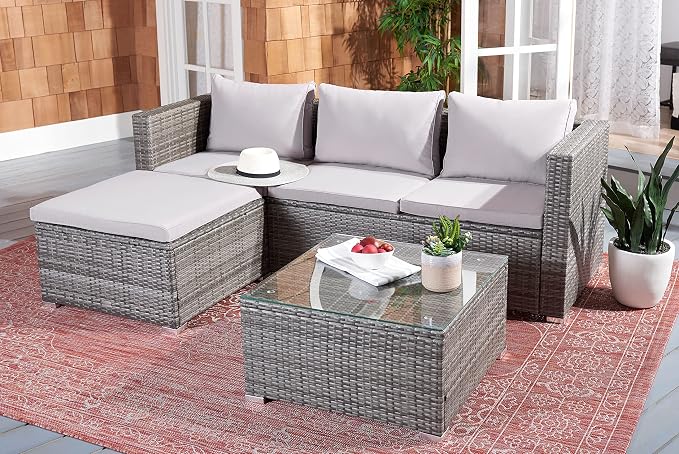 SAFAVIEH Outdoor - Madalina Sectional Set - Grey & Grey - Steel Frame with Cushion - Contemporary Sectional with Coffee Table - Ideal for Patio, Deck, Porch, Backyard (PAT7509B)