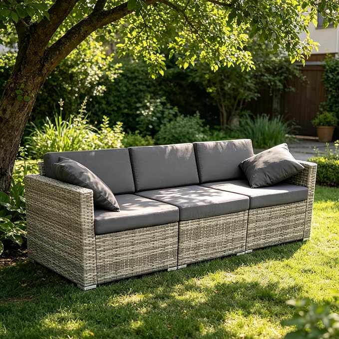 DECMICO 3 Piece Rattan Conversation Bistro Set, Outdoor Wicker Patio Furniture Set, All-Weather PE Rattan Chairs with Cushions for Backyard, Balcony, Garden, Charcoal Grey