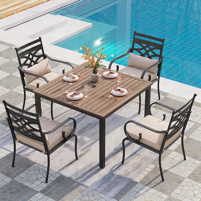 PHI VILLA Patio Dining Set, Square Metal Table | Metal chairs, Beige, Umbrella Hole, Cushions, E-coated