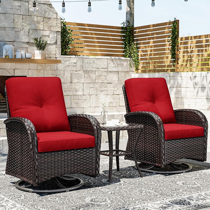 Joyside Outdoor Swivel Rocker Chairs, 3 Piece Wicker Patio Set with Thickened Cushions, High Back, Deep Seating, Wide Armrest, Outdoor Swivel Chairs for Porch, Deck