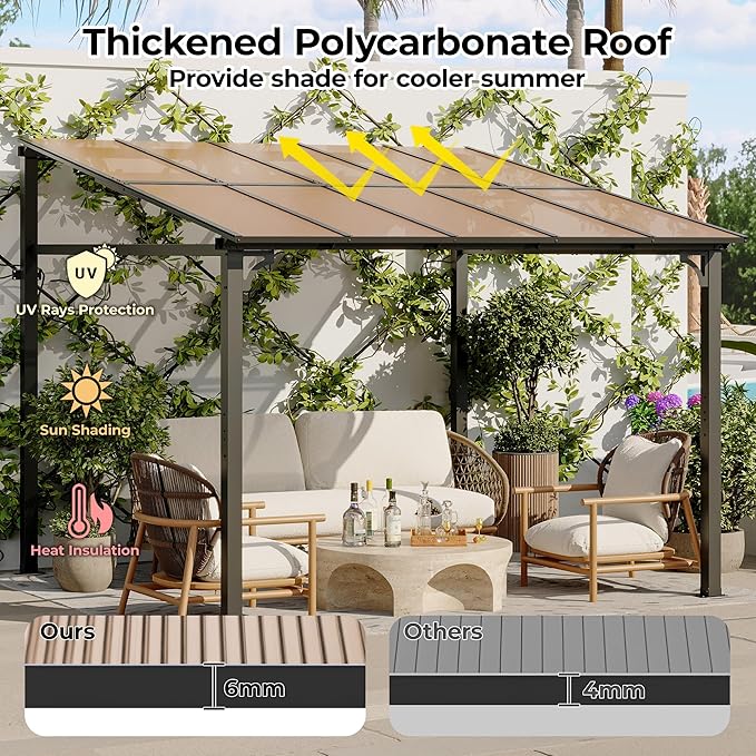 GarveeHome 10' x 10' Lean to Gazebo, Hard Top Outdoor Pergola with Roof, Gazebos Pergola on Clearance, Large Wall Mounted Heavy Duty Awnings for Patio, Backyard, Deck, Porch