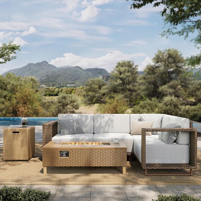HERA'S HOUSE Patio Furniture Set with Fire Pit, 5 Pieces L-Shape Sectional Outdoor Wicker Couch Sofa, Yellow Rattan Conversation Set with 10" Thick Cushion, Low Profile Lawn Deck Furniture