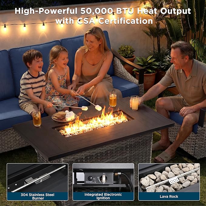 Patio Furniture Set with 42.5" Fire Pit Table-9 Pieces All Weather Wicker Outdoor Furniture with High Back Swivel Patio Chairs Set of 4 Outdoor Patio Conversation for Deck Garden Blue/Gray