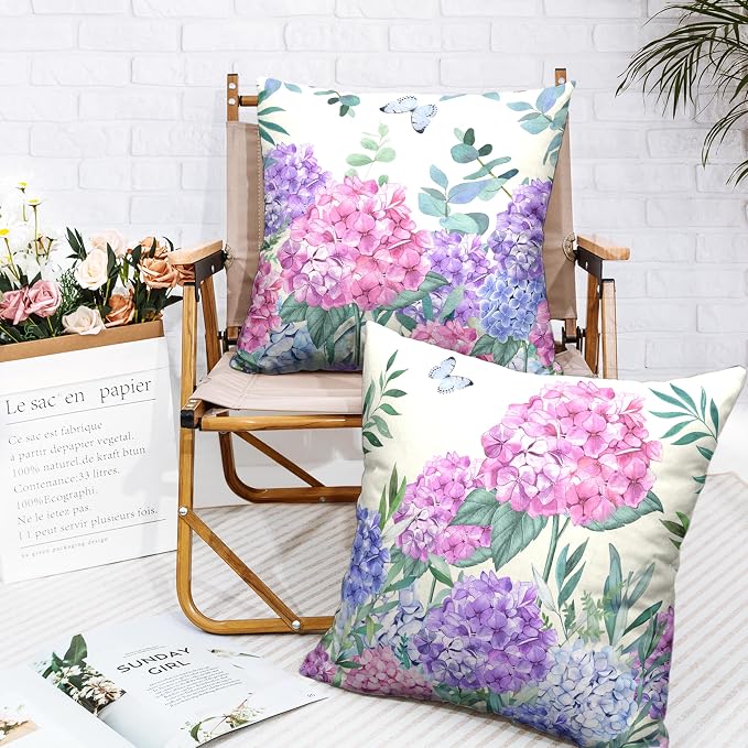 Pink Hydrangea Pillow Covers Spring Flowers Outdoor Pillow Covers 24x24 Set of 2 Purple Pink Hydrangea Eucalyptus Pillow Case Cotton Linen Cushion Case for Sofa Garden Patio