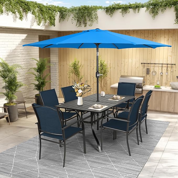 Crownland 7 Piece Patio Dining Set, Outdoor Textilene Dining Sets, 6 Textilene Metal Chairs and Rectangular Outdoor Dining Table with Sky Blue 9FT Round Outdoor Umbrella (Blue)