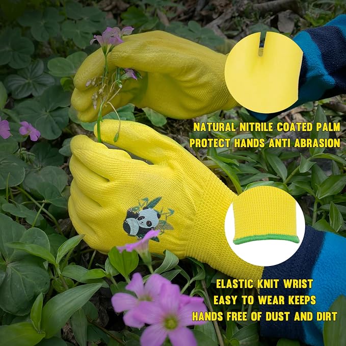 HANDLANDY 2 Pairs Kids Gardening Gloves, Grippy Kids Work Gloves, L | Nitrile Coated Children Toddler Garden Yard Work Cycling Outdoor Playing Gloves for Girls Boys