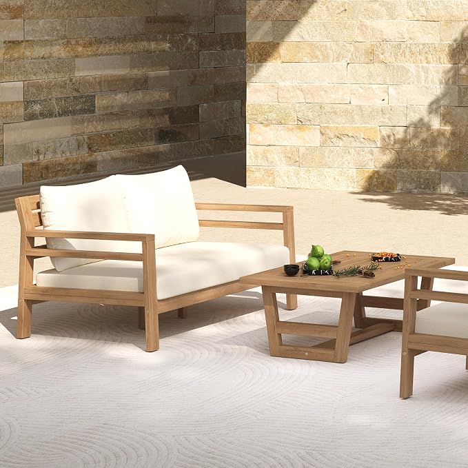 Christopher Knight Home Jamaia 2 Pieces Acacia Furniture Set, Patio Conversation Chat 2-Seat Sofa Set with Coffee Table, Outdoor Acacia Loveseat Set for Garden Porch Backyard Balcony, Light Teak+Beige