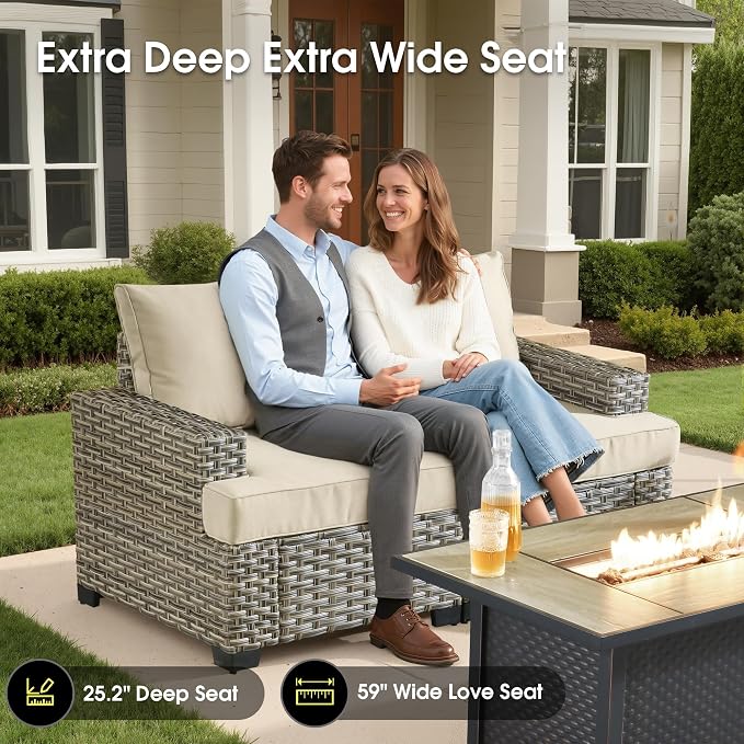 Outdoor Sectional Patio Furniture Set,7 Pieces All Weather Rattan Wicker Conversation Sets,Out Door Furniture with Ottoman Single Chair,Beige