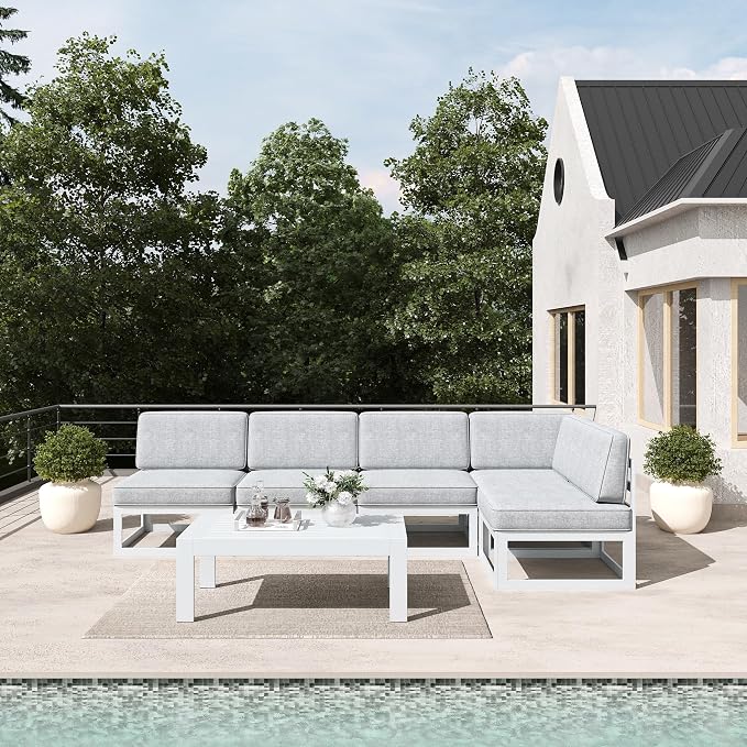 LayinSun 6 Pieces Modern Aluminum Patio Furniture Set with Coffee Table, Outdoor Modular Sectional Conversation Set L-Shaped Sofa for Backyard