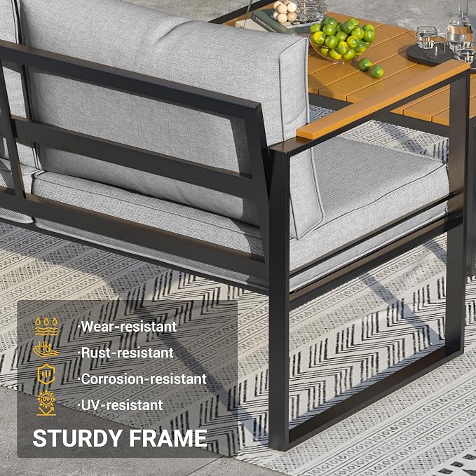 UDPATIO Metal Outdoor Patio Furniture Set, Modern Outdoor Conversation Sets w/Coffee Table, 4 Piece Outside Furniture with Thick, Washable and High-Resiliency Sponge Cushions, Light Grey