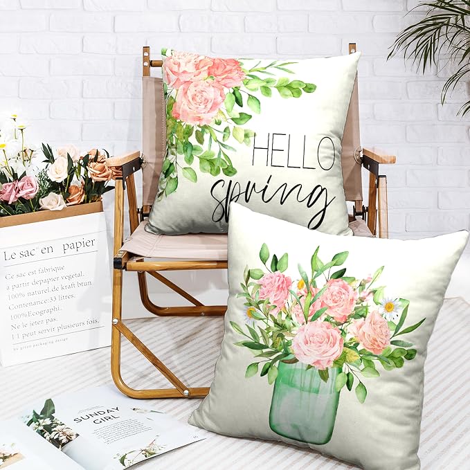 Spring Summer Rose Throw Pillows Case Pink Floral Decorative Cushion Case Shabby Chic Pillow Covers 20x20 Square Cotton Linen Pillowcase for Sofa Couch Bed, Set of 2