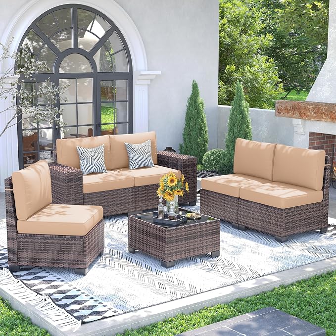 UDPATIO Patio Furniture Set, 8 Inch Armrest Outdoor Sectional Sofa with Wicker Coffee Table, 6 Piece Conversation for Garden, Backyard, Khaki