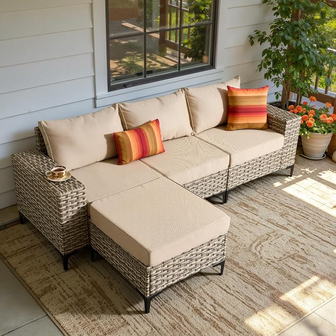 4-Piece Wicker Outdoor Sectional Furniture, Wide Armrest L-Shaped Patio Couch Set with Ottoman, Modern Modular Conversation Sets with Thick Cushion for Backyard Porch Balcony, Beige