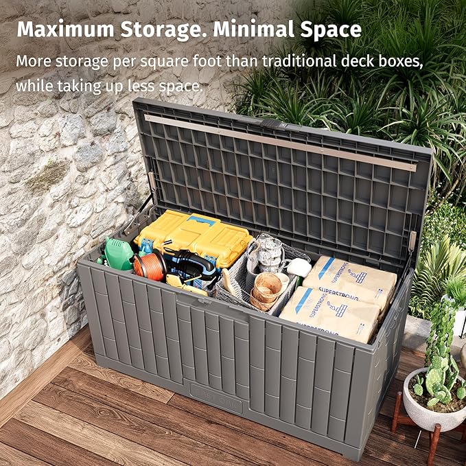 EAST OAK 120 Gallon Outdoor Storage Box | Large Resin Deck Box with Reinforced Stainless Steel Support | Waterproof & UV-Resistant Patio Storage Box for Cushions, Garden Tools & Pool Accessories, Grey