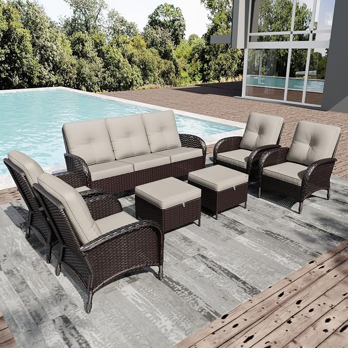 Joyside Wicker Patio Furniture Set, 8 Piece Outdoor Furniture Set with Thickened Cushions, High Back, Deep Seating, Wide Armrest, Outdoor Swivel Rocker Chairs for Porch, Deck