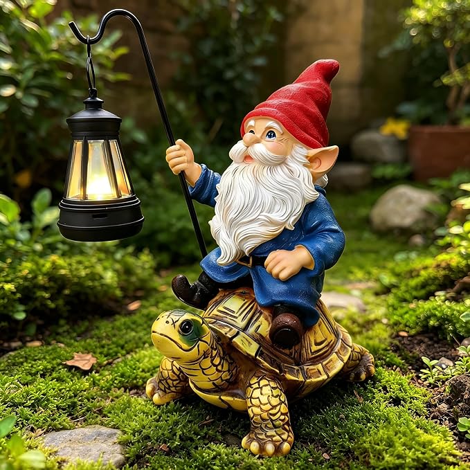 Outdoor Garden Gnome, Funny Lawn Gnome Statue Decorations, Solar Gnome Riding Turtle Figurines Ornament for Patio, Balcony, Yard, Iutdoor Office Home Decor, Mom Grandma Sisters Gifts