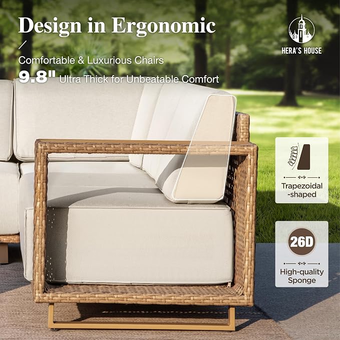 HERA'S HOUSE Patio Furniture Set, Outdoor Sectional Wicker Sofa, 6-Seat Yellow Rattan Conversation Set with 5.3" Widened Armrest, 10" Thick Comfy Cushion, Low Profile Lawn Garden Deck Pool Furniture